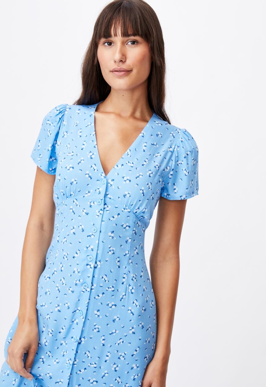 Cotton On - Woven indi short sleeve v-neck button through midi - blue