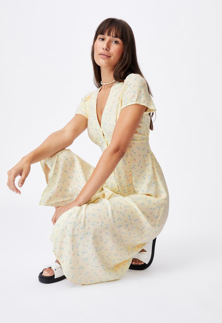 Cotton On - Woven indi short sleeve v-neck button through midi - yellow 