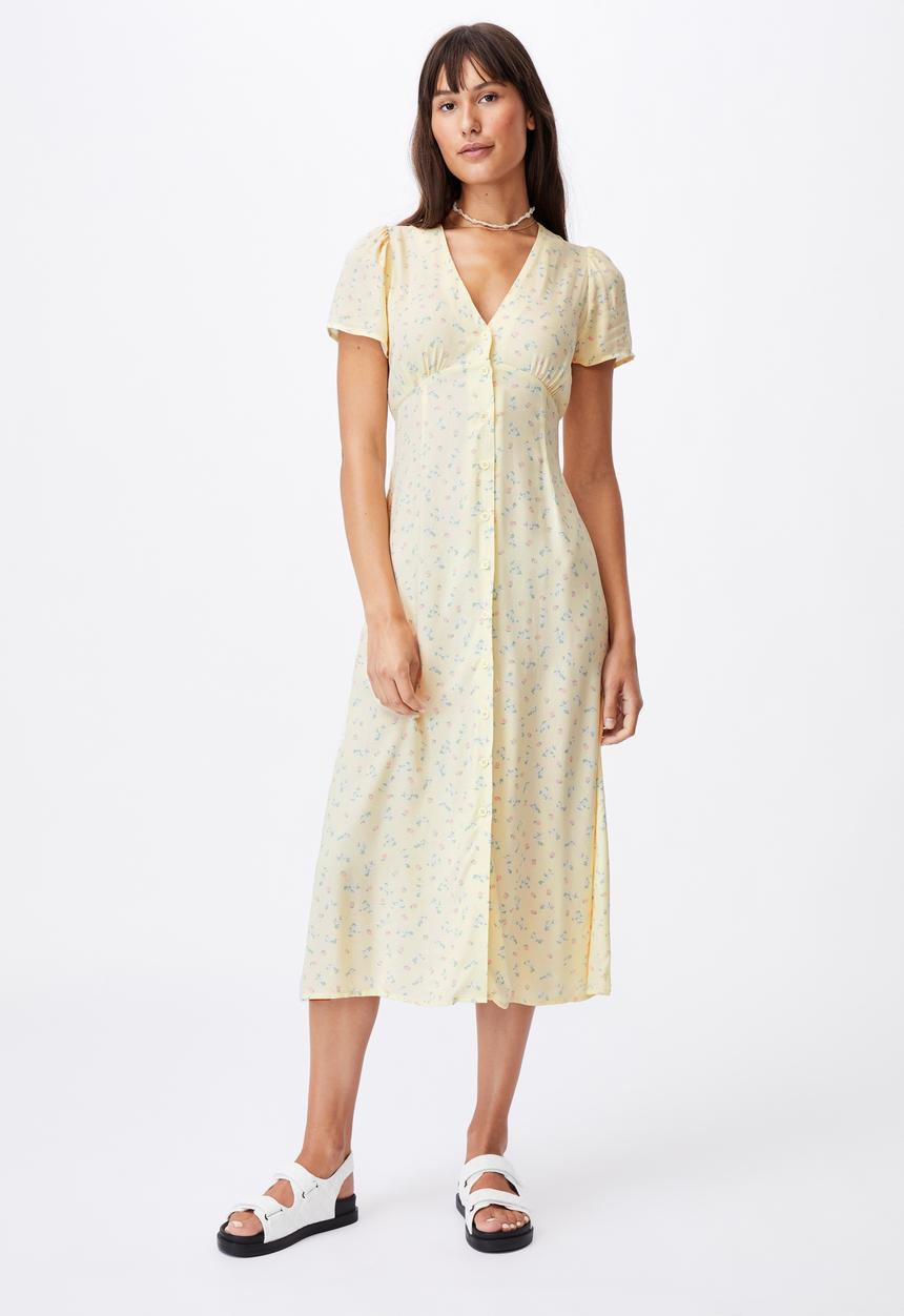 Cotton On - Woven indi short sleeve v-neck button through midi - yellow 