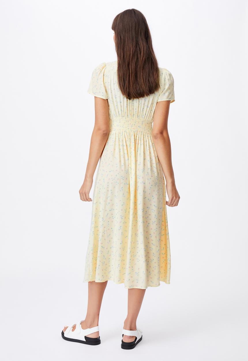 Cotton On - Woven indi short sleeve v-neck button through midi - yellow 