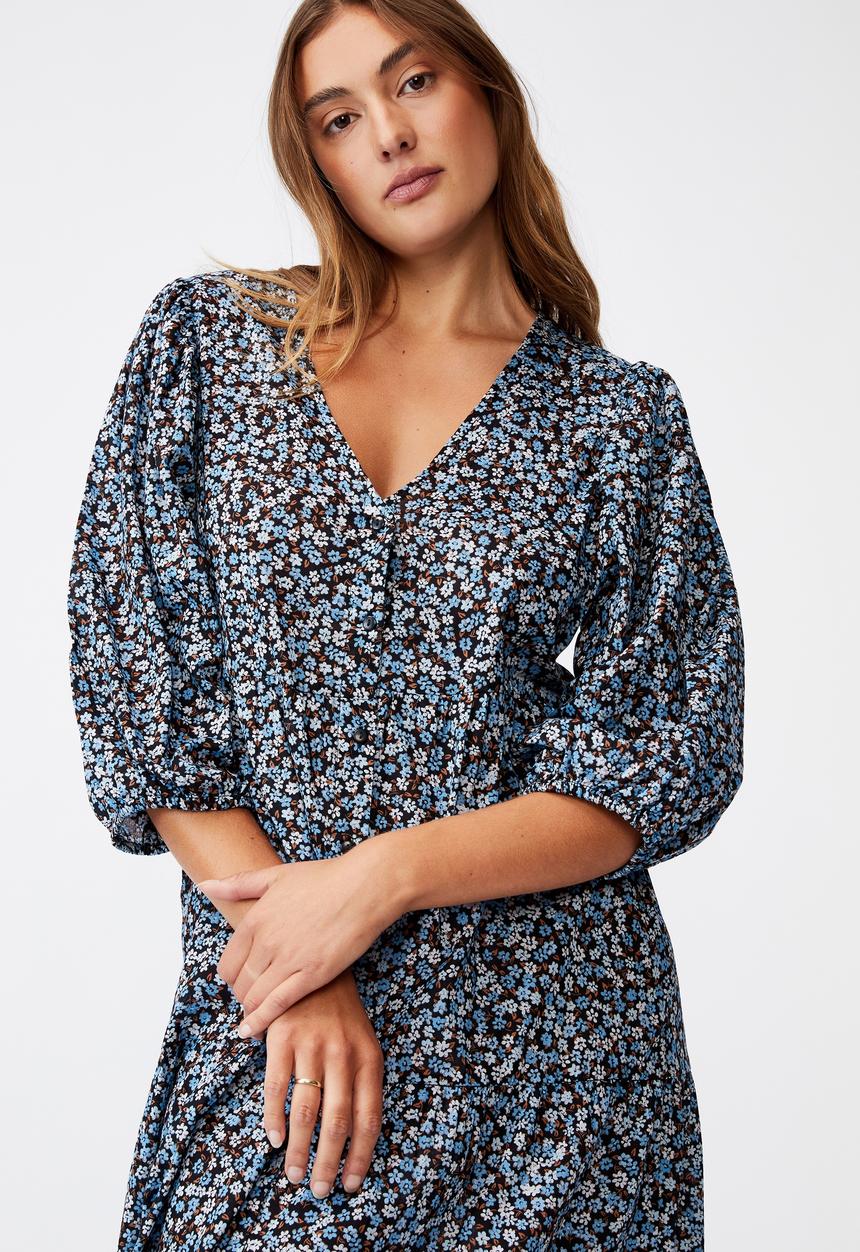 Cotton On - Woven Kaia button through midi dress - black & blue 