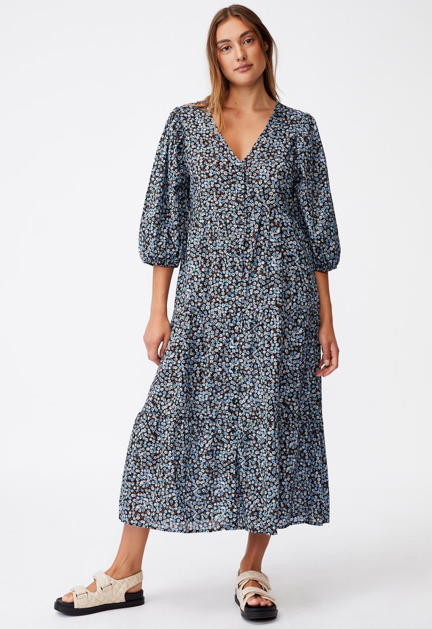 Cotton On - Woven Kaia button through midi dress - black & blue 