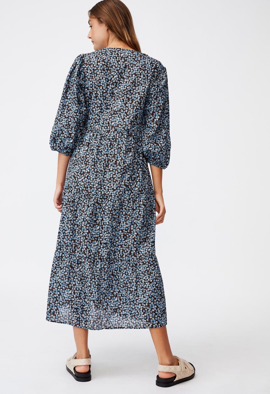 Cotton On - Woven Kaia button through midi dress - black & blue 