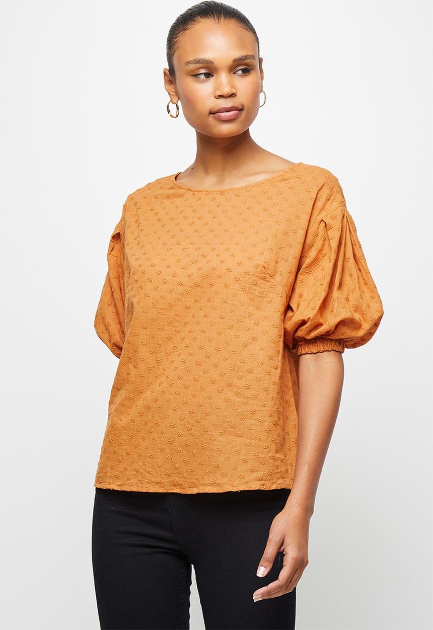 edit - Cotton embroidered puff sleeve shell - tobacco
