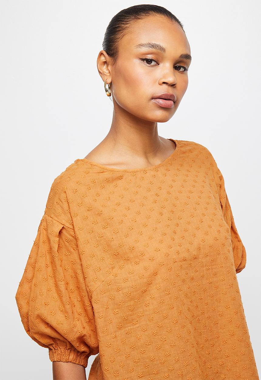 edit - Cotton embroidered puff sleeve shell - tobacco