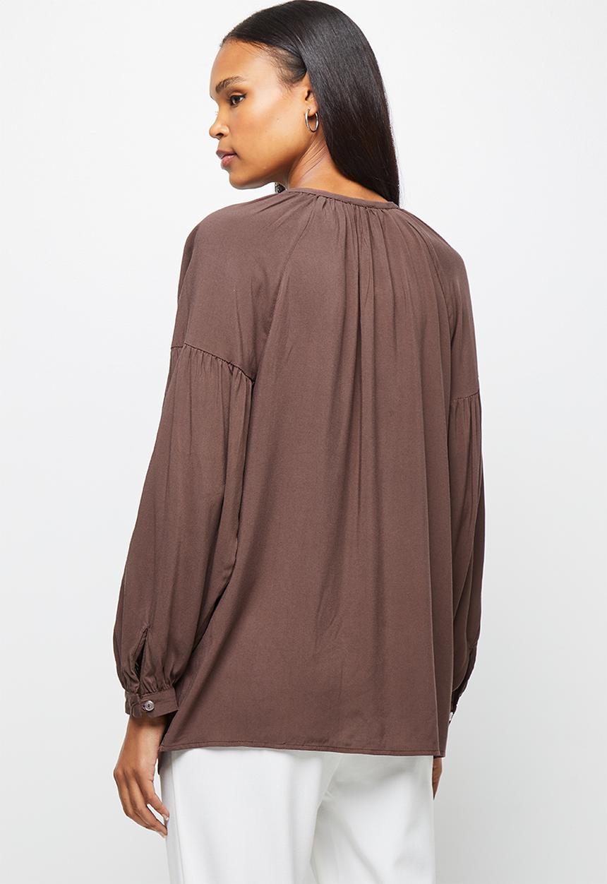 edit - Longline balloon sleeve blouse - brown