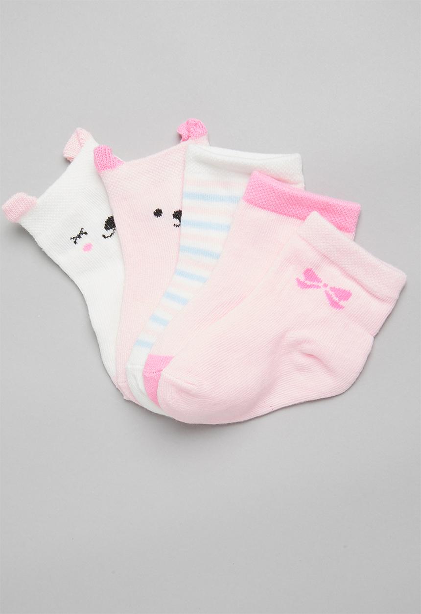 Pop Candy - Girls 5 pack kitty socks - pink & white