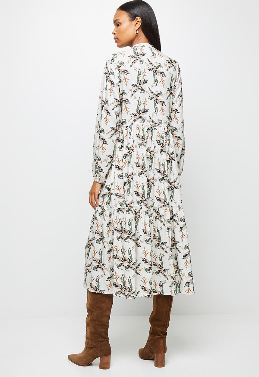 edit - Long sleeve mandarin collar tiered midi dress- natural floral