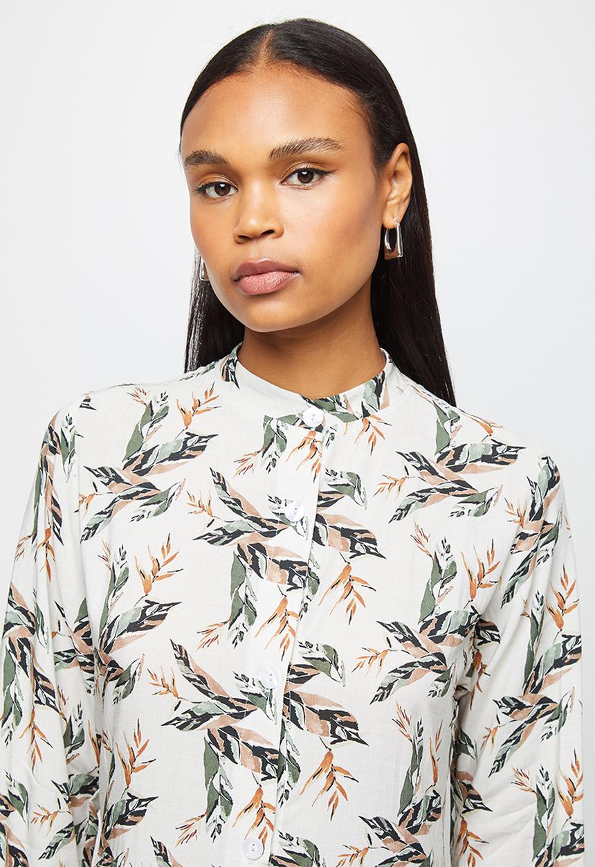 edit - Long sleeve mandarin collar tiered midi dress- natural floral