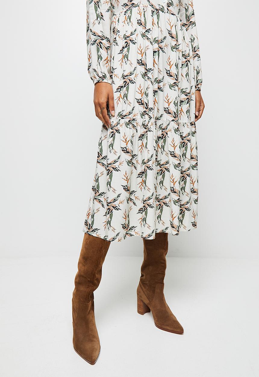 edit - Long sleeve mandarin collar tiered midi dress- natural floral