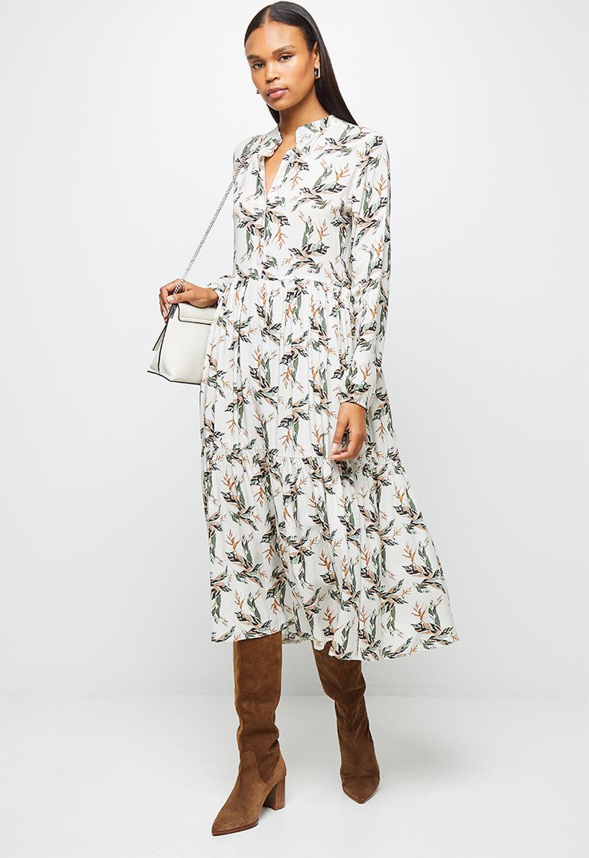 edit - Long sleeve mandarin collar tiered midi dress- natural floral