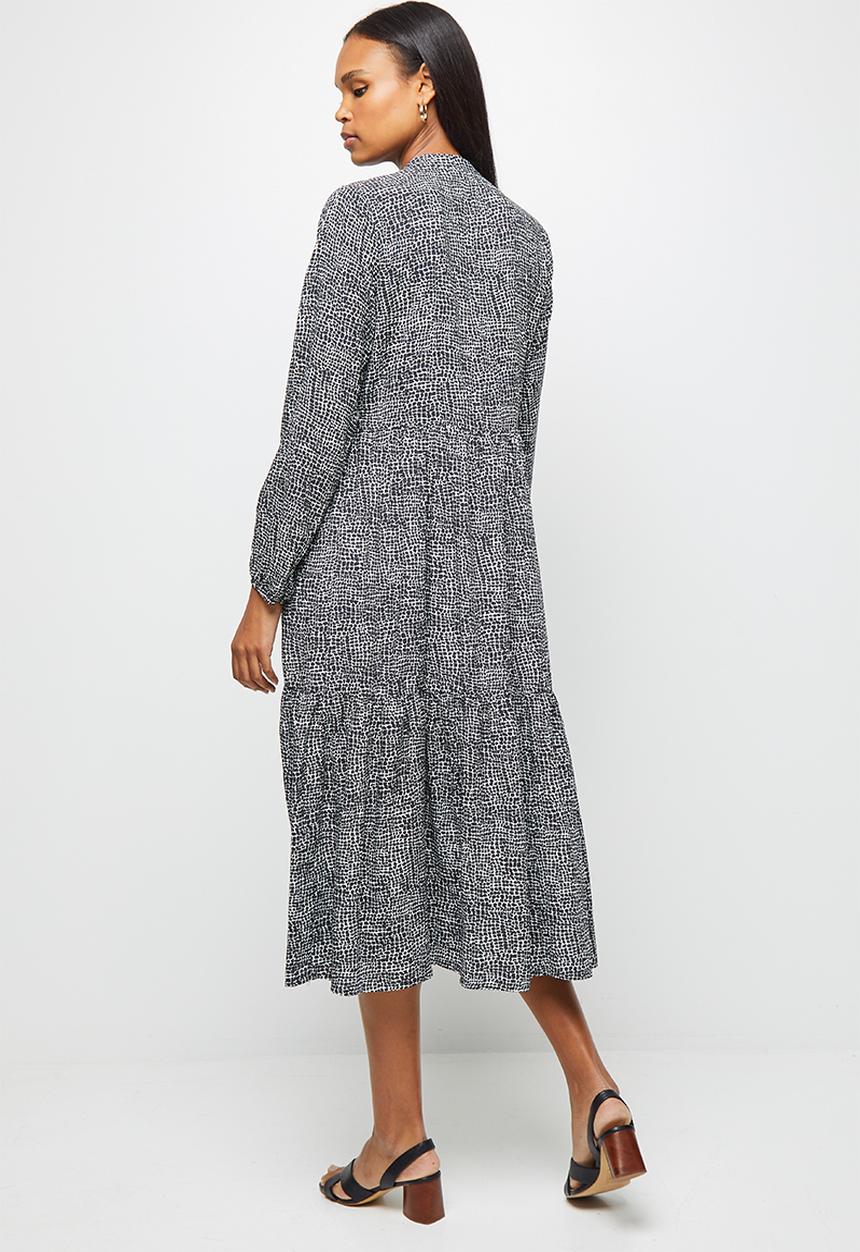 edit - Long sleeve mandarin collar tiered midi- black mono animal