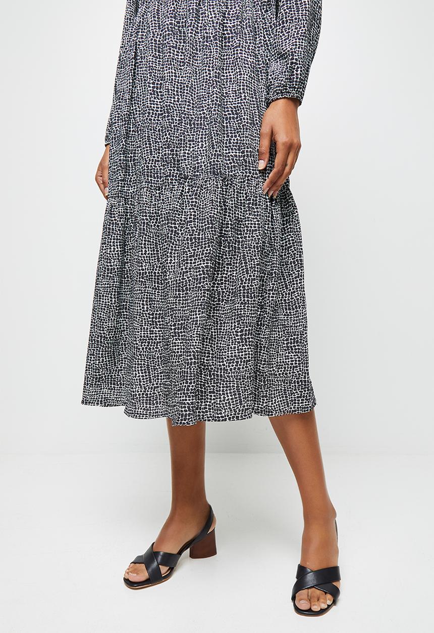 edit - Long sleeve mandarin collar tiered midi- black mono animal