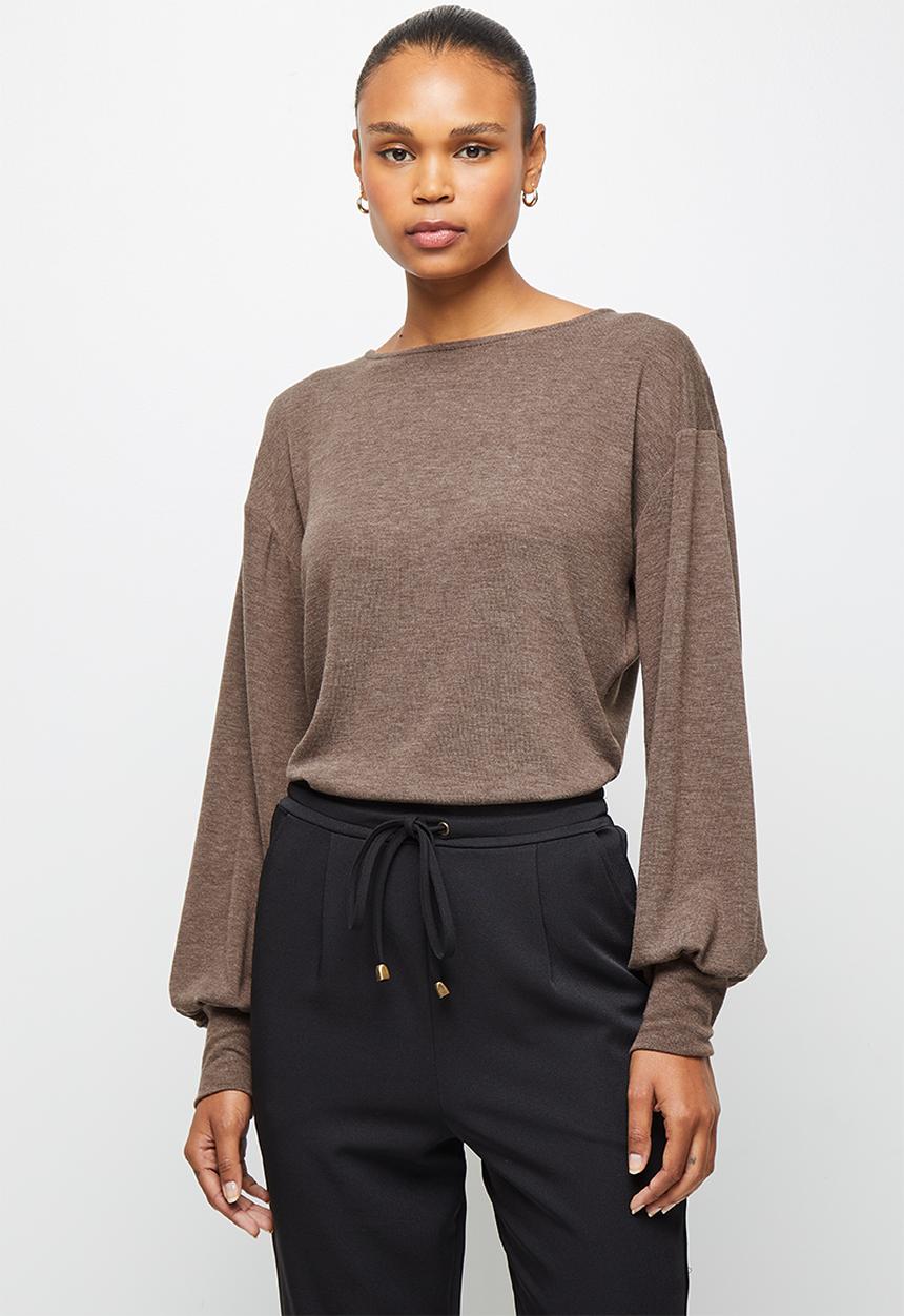 edit - Balloon sleeve texture tee - brown 