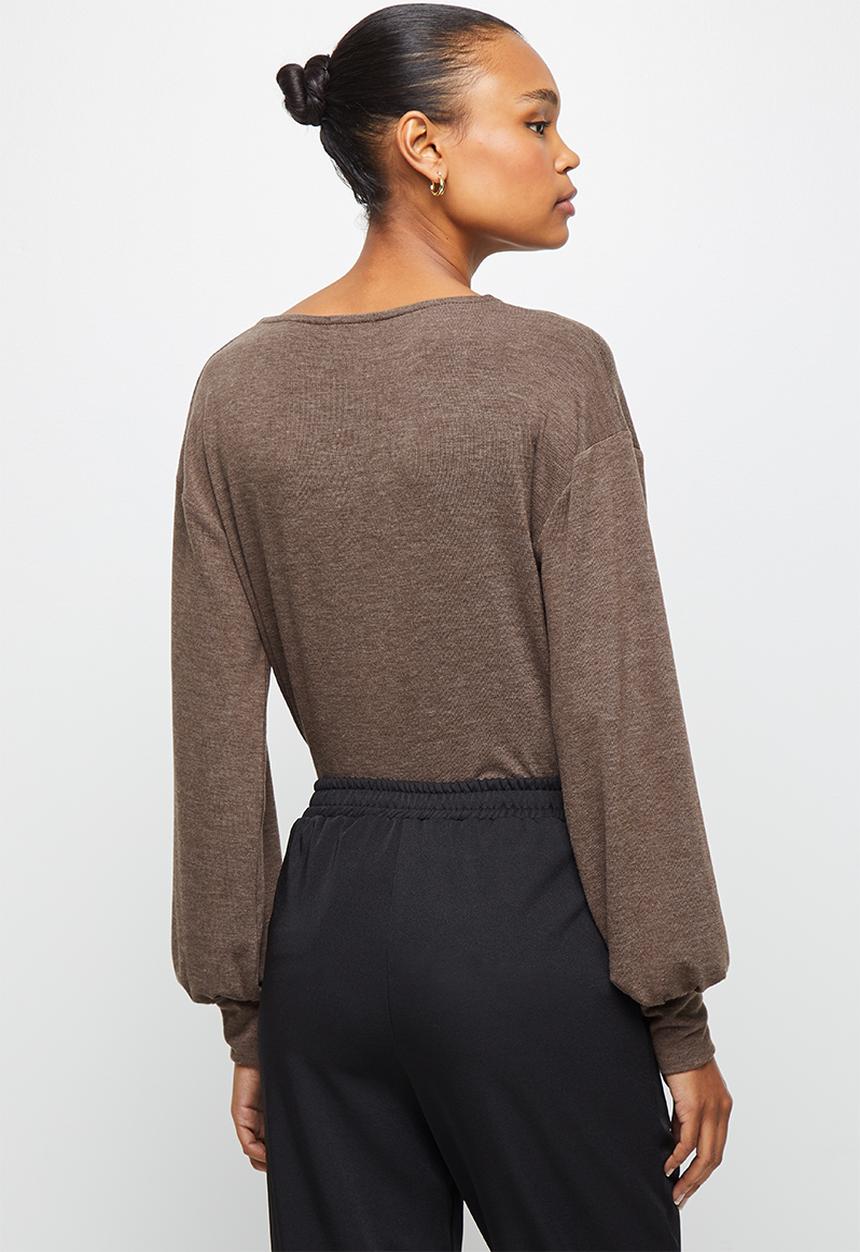 edit - Balloon sleeve texture tee - brown 