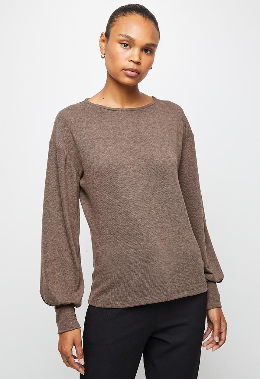 edit - Balloon sleeve texture tee - brown 