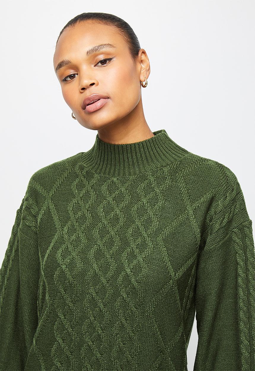 edit - Cable stitch balloon sleeve tunic - olive