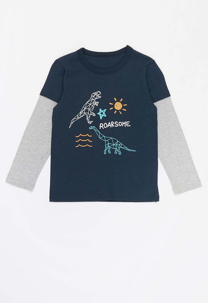 Pop Candy - Boys long sleeve dino tee - grey & navy 