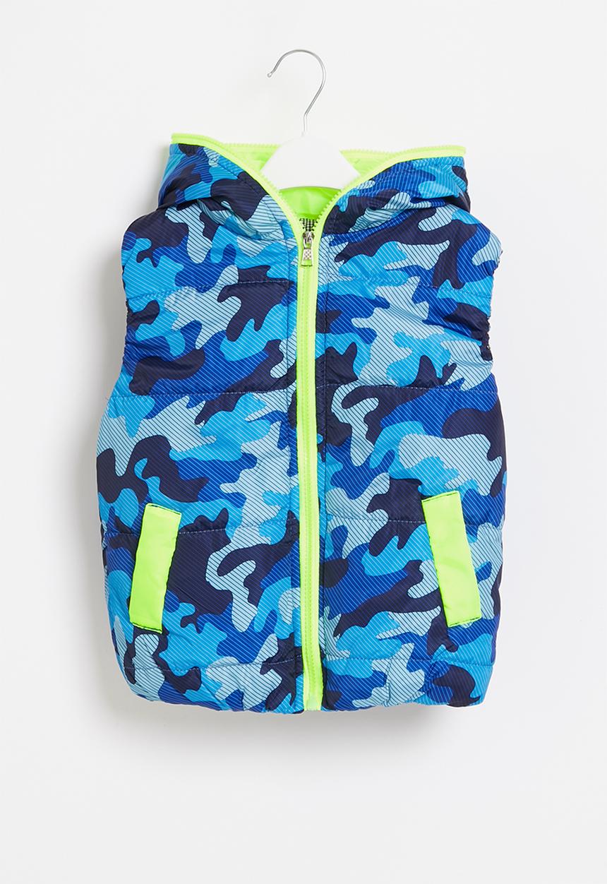 Pop Candy - Boys camo sleeveless bomber - blue & yellow 