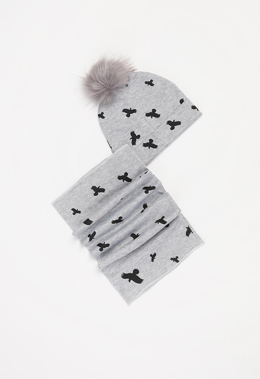 Pop Candy - Boys faux fur eagle beanie & snood set - grey
