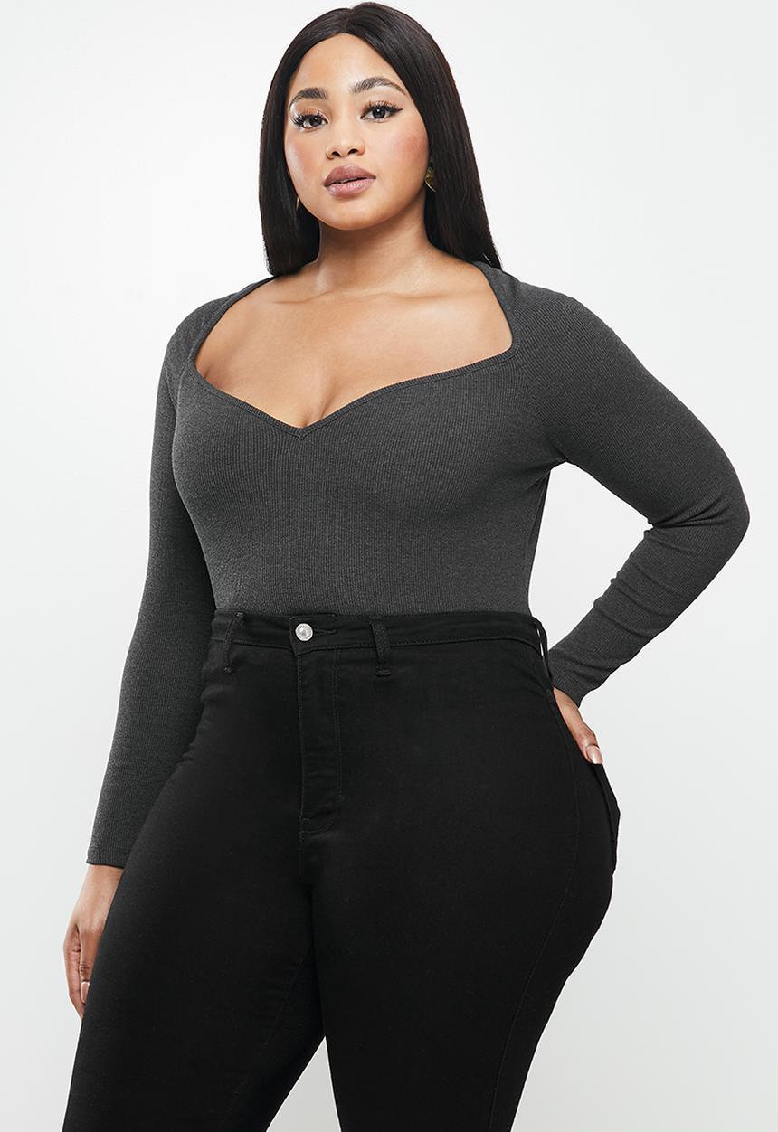 VELVET - Rib knit sweetheart long sleeve bodysuit - grey 