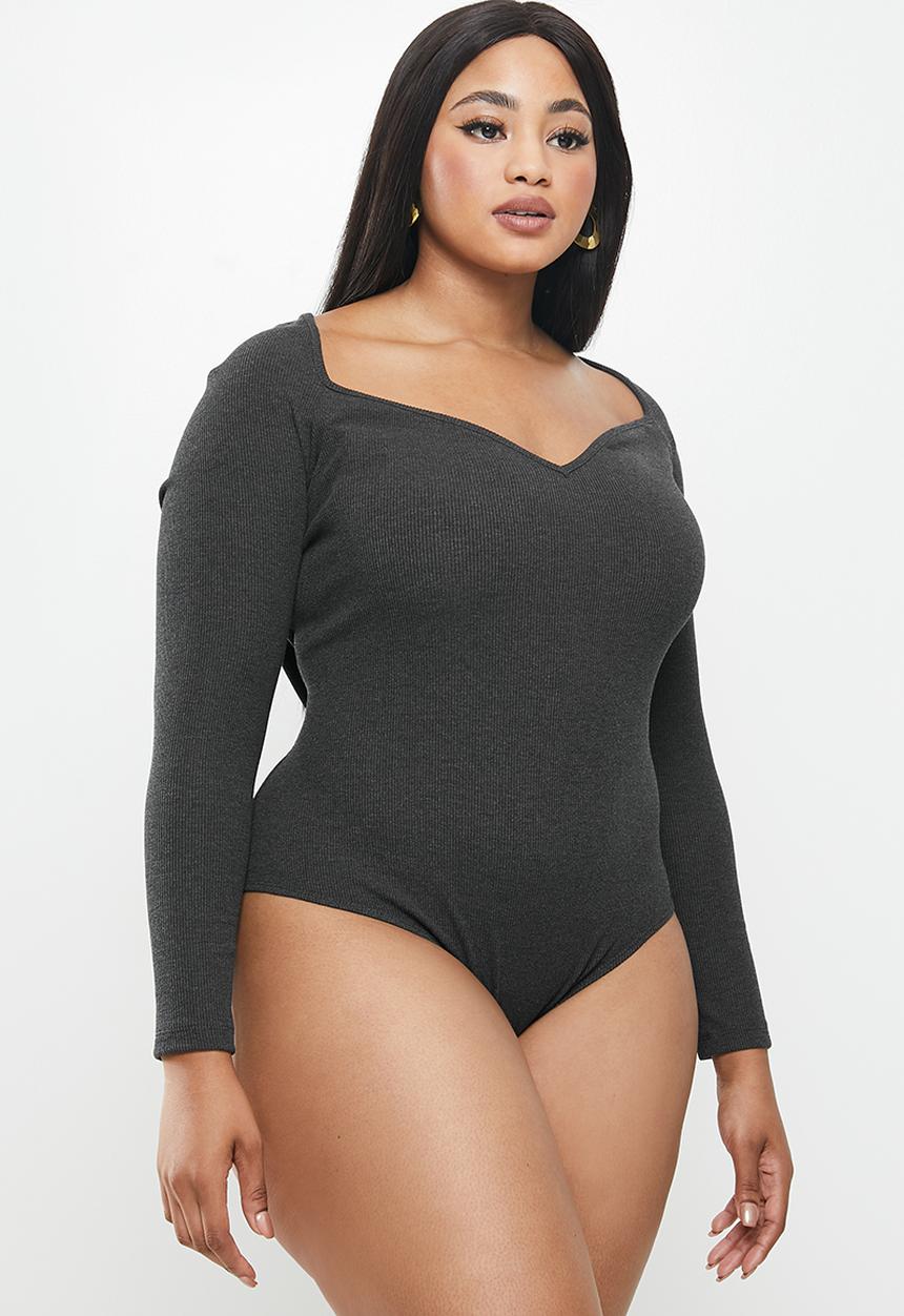 VELVET - Rib knit sweetheart long sleeve bodysuit - grey 