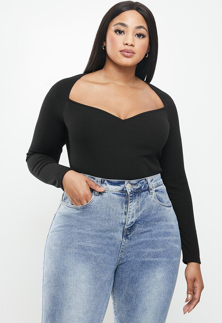 VELVET - Rib knit sweetheart long sleeve bodysuit - black