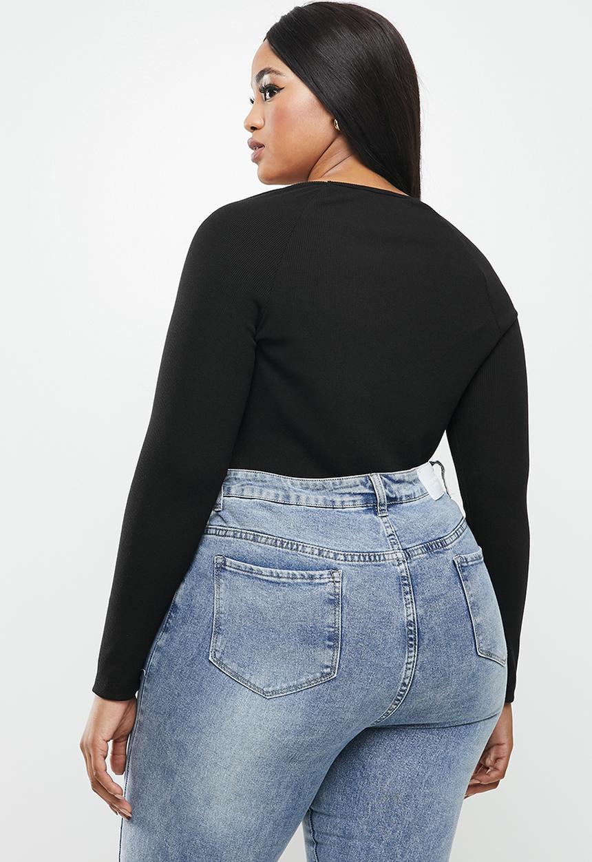 VELVET - Rib knit sweetheart long sleeve bodysuit - black