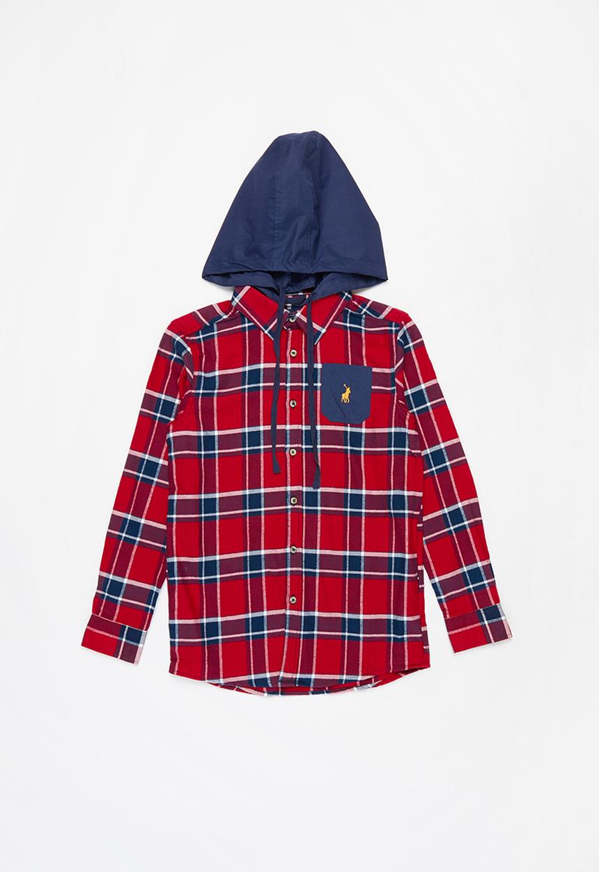 POLO - Boys Andrew hooded check shacket - red & navy 