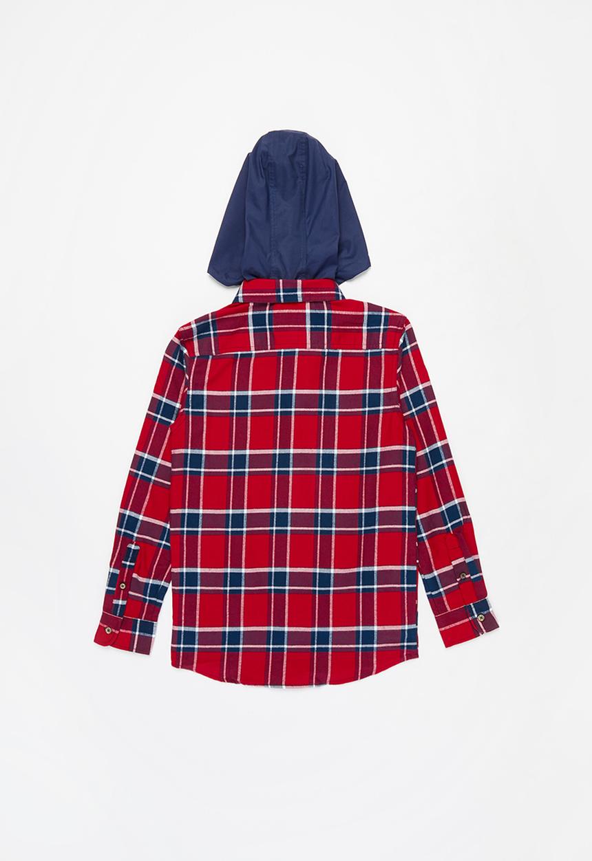POLO - Boys Andrew hooded check shacket - red & navy 