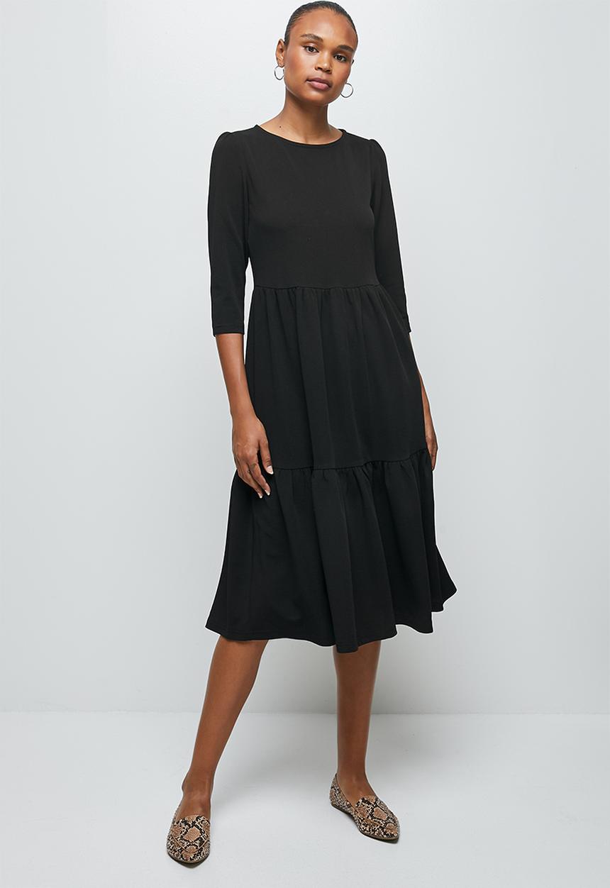edit - 3/4 sleeve tiered knit midi - black