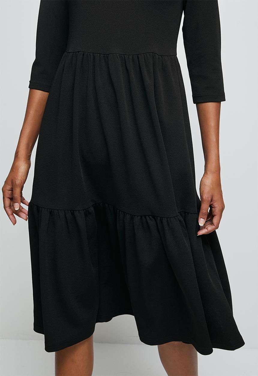 edit - 3/4 sleeve tiered knit midi - black
