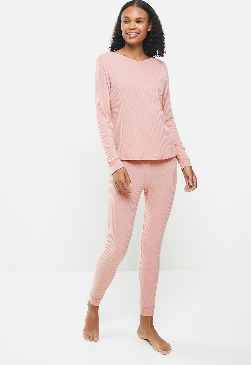Superbalist - Soft touch rib sleep top & pants set - pink