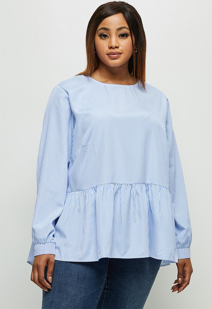 edit Plus - Tiered balloon sleeve blouse - blue & white