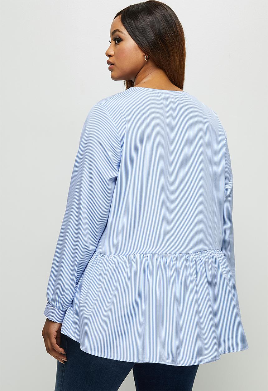 edit Plus - Tiered balloon sleeve blouse - blue & white