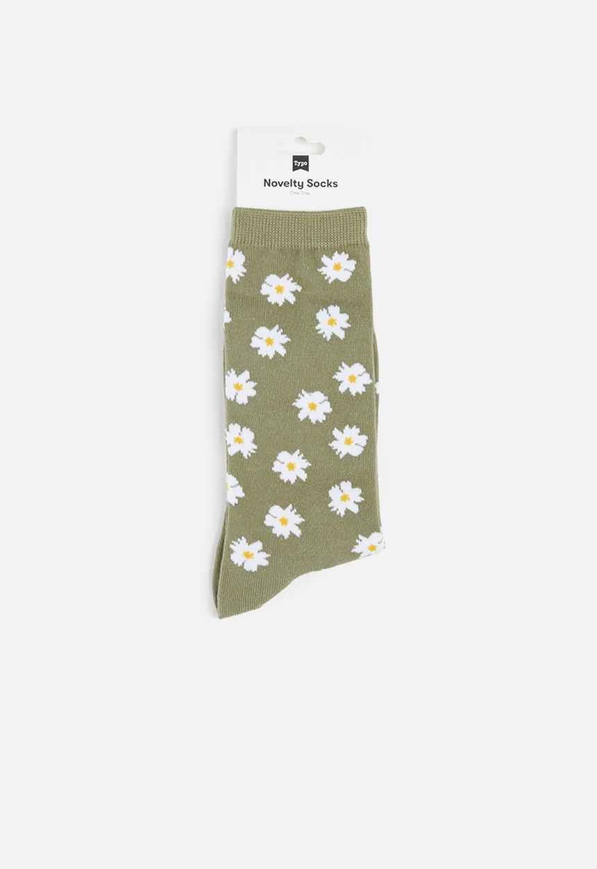 Typo - Womens novelty socks - khaki daisies