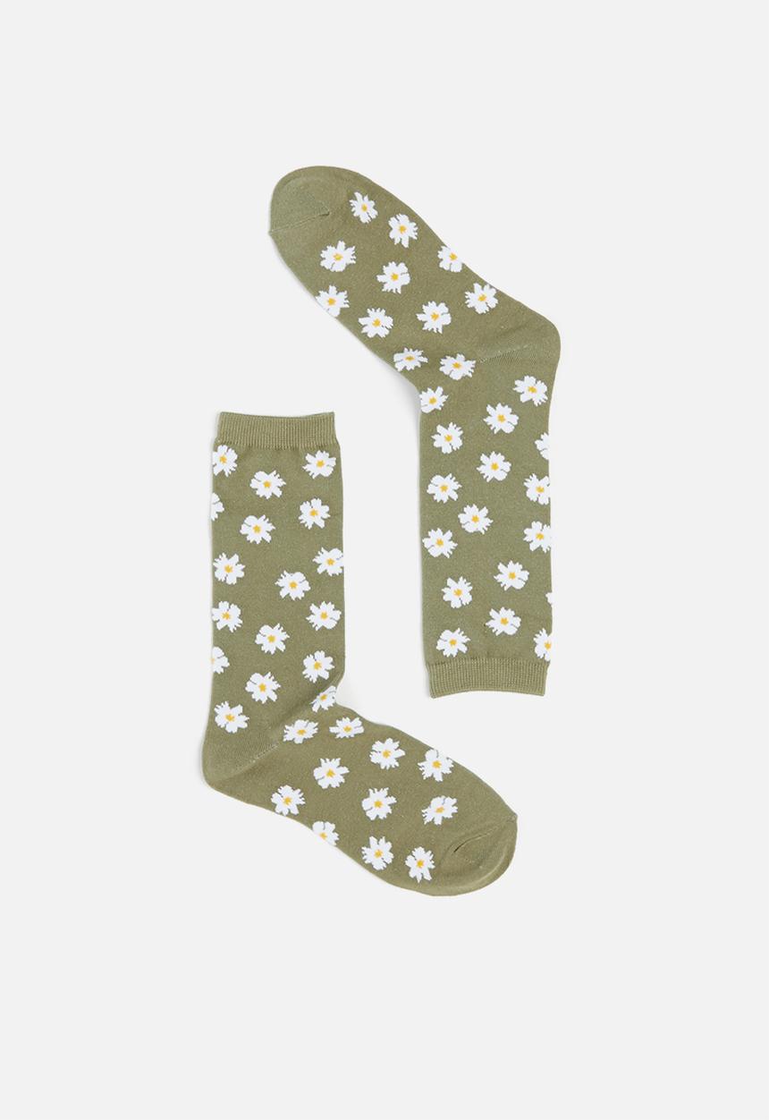 Typo - Womens novelty socks - khaki daisies