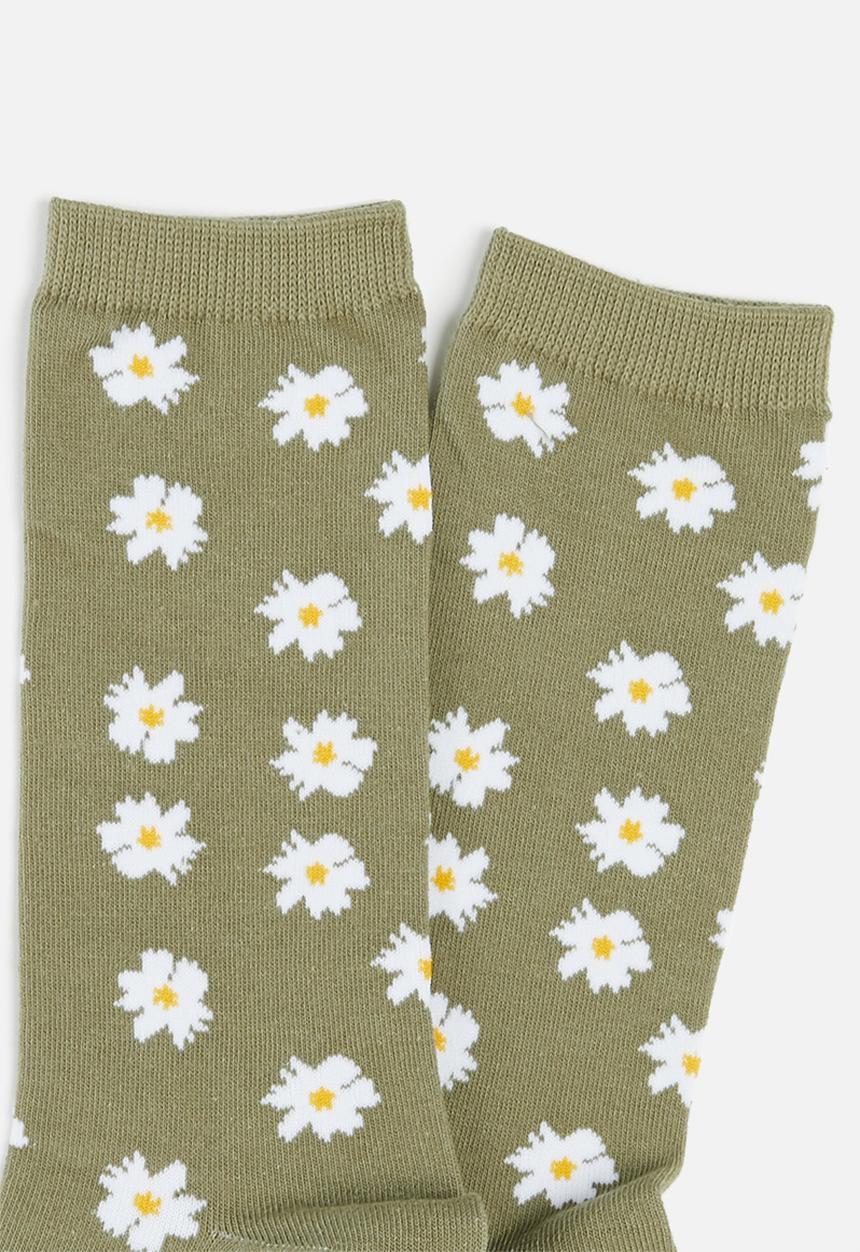 Typo - Womens novelty socks - khaki daisies
