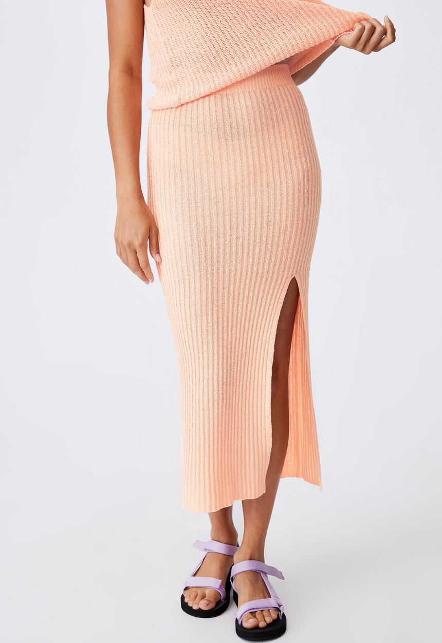 Cotton On - Match me knit midi skirt - mango sorbet