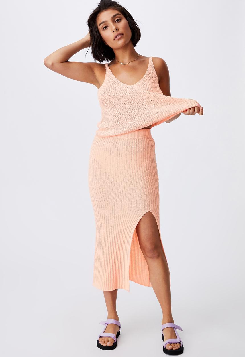 Cotton On - Match me knit midi skirt - mango sorbet