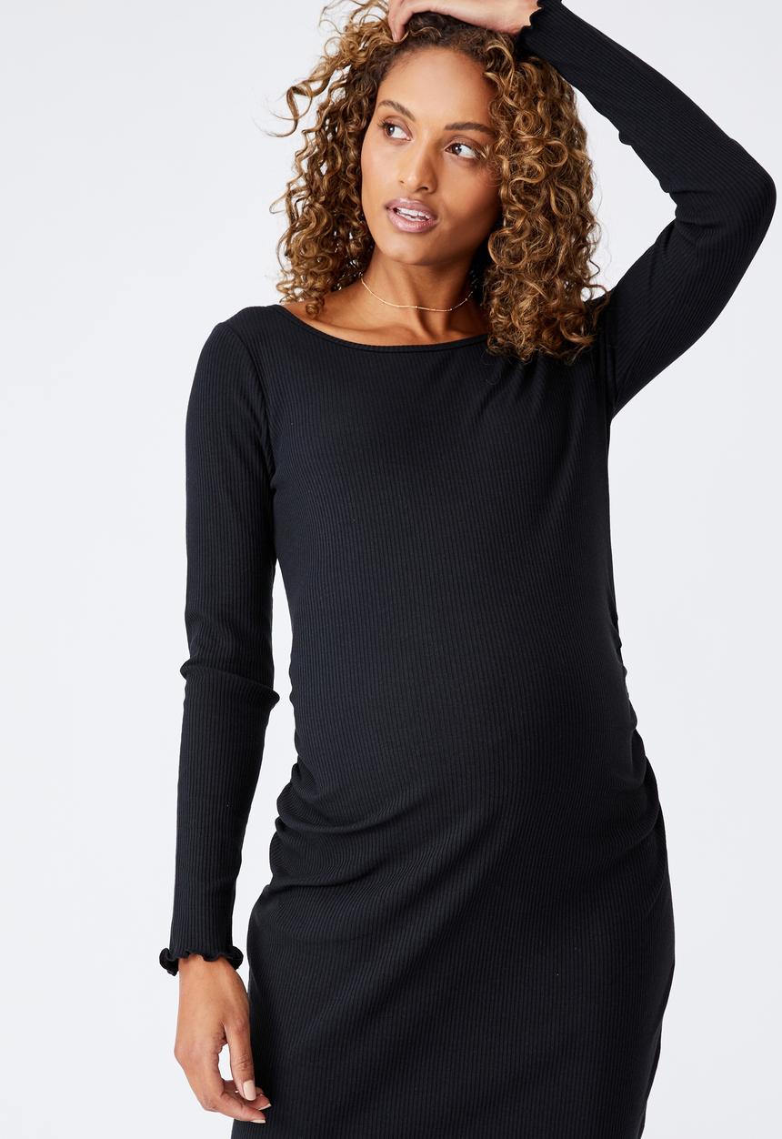 Cotton On - Maternity rib lettuce edge long sleeve dress - black