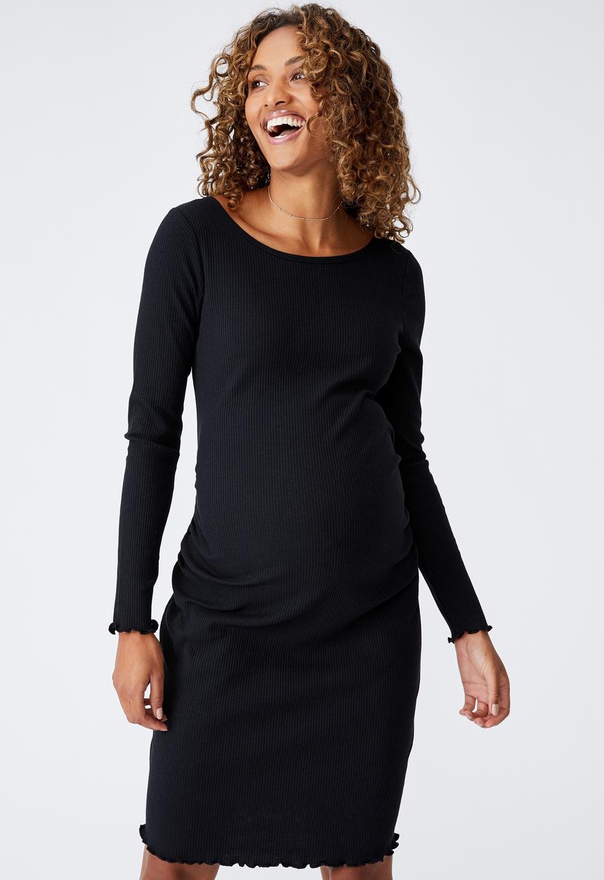 Cotton On - Maternity rib lettuce edge long sleeve dress - black