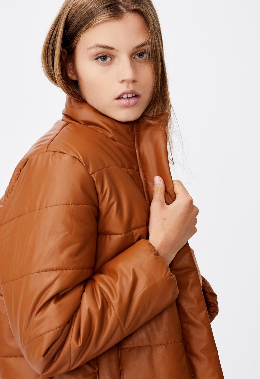 Cotton On - Vegan leather puffer jacket - tan