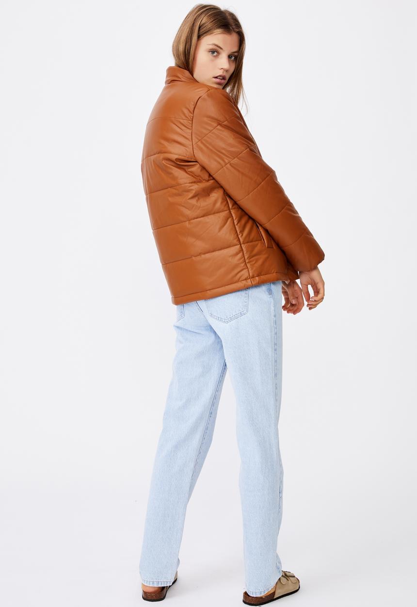Cotton On - Vegan leather puffer jacket - tan