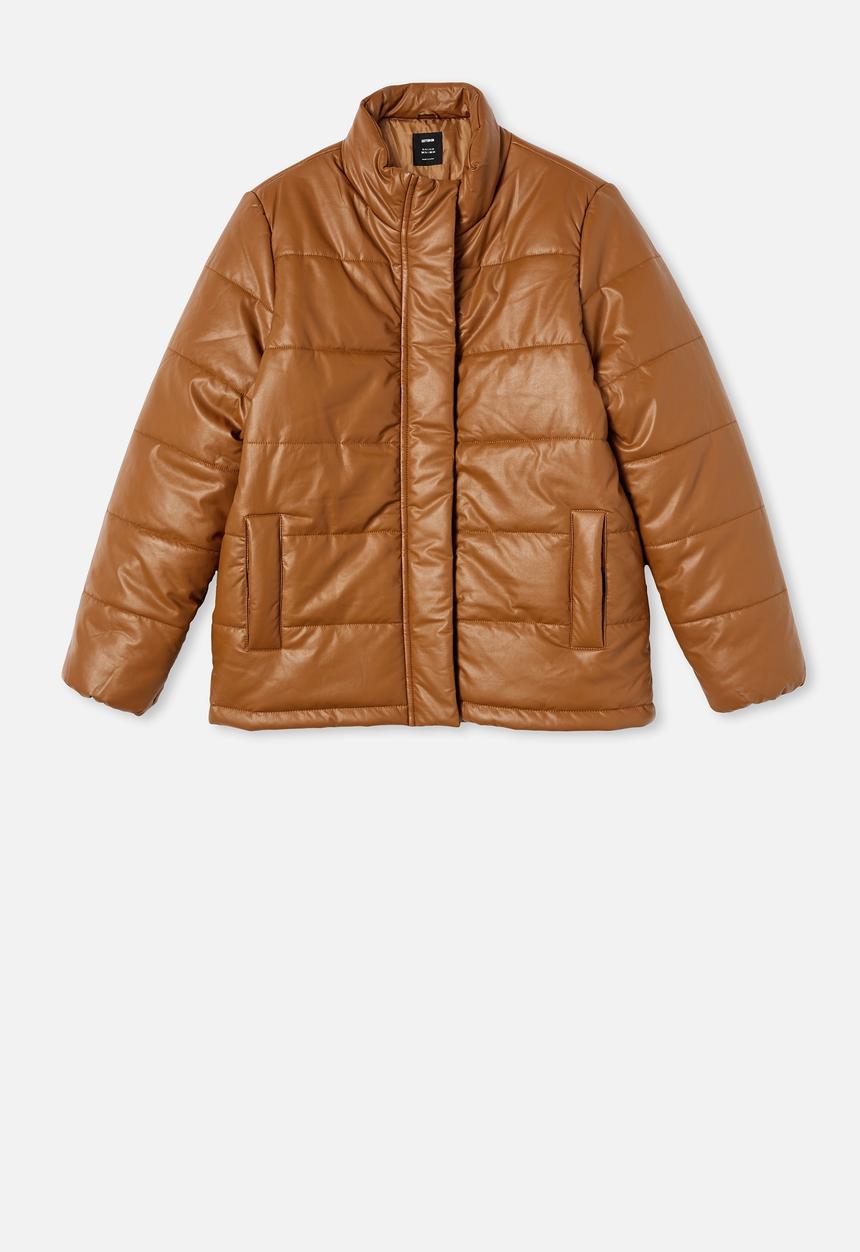 Cotton On - Vegan leather puffer jacket - tan