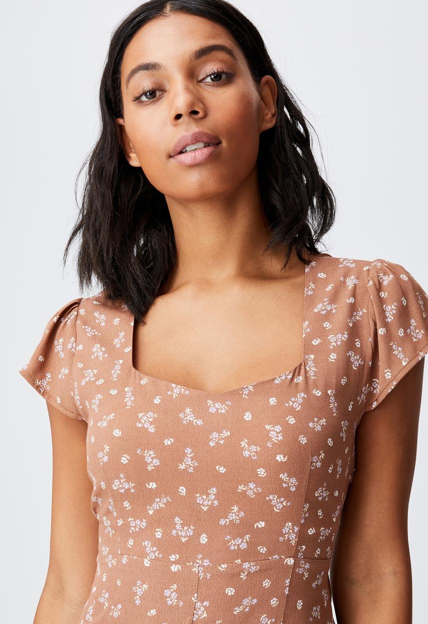 Cotton On - Woven cleo tie back midi dress - brown