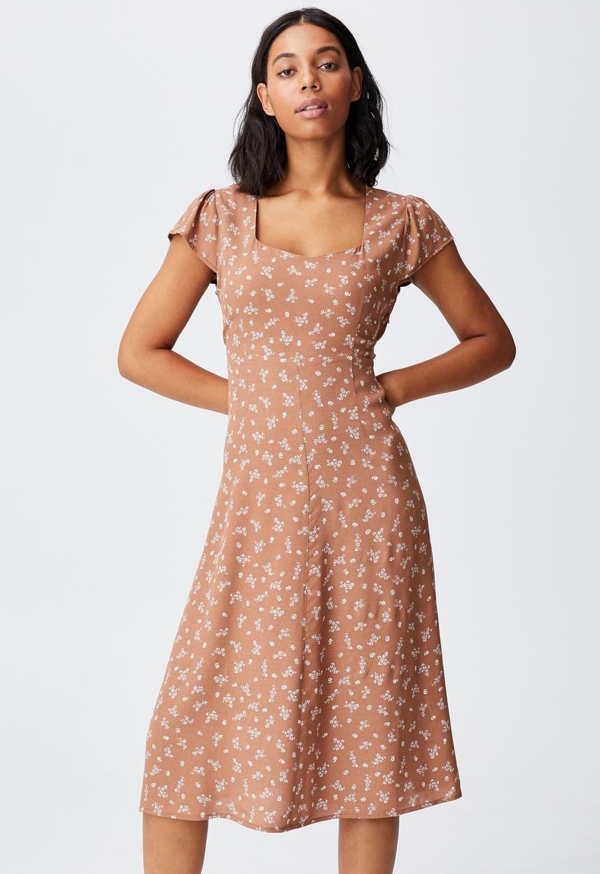 Cotton On - Woven cleo tie back midi dress - brown