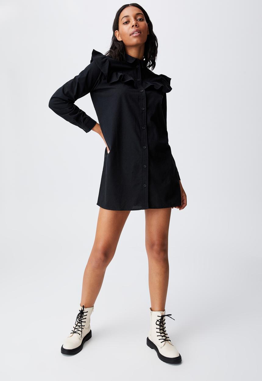 Cotton On - Woven Jade long sleeve ruffle shirt mini dress - black
