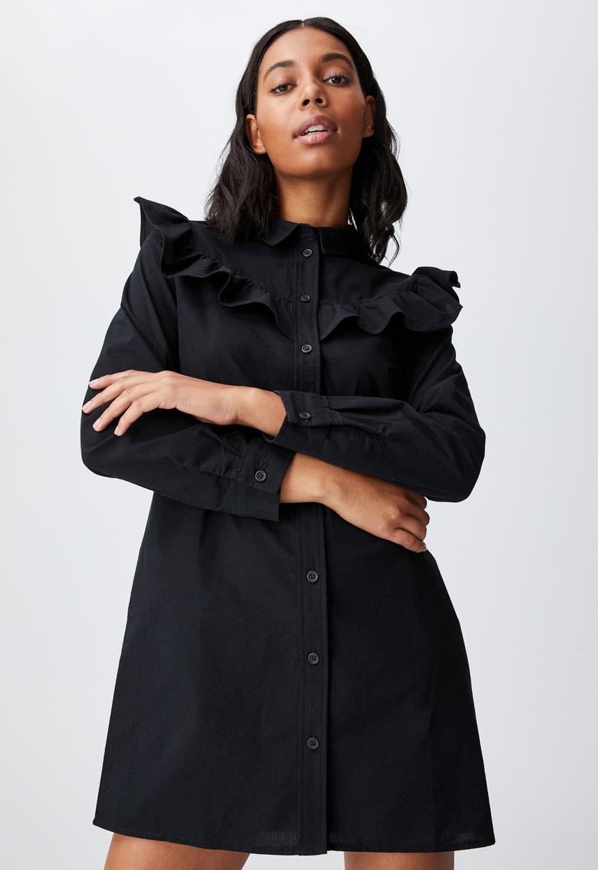 Cotton On - Woven Jade long sleeve ruffle shirt mini dress - black