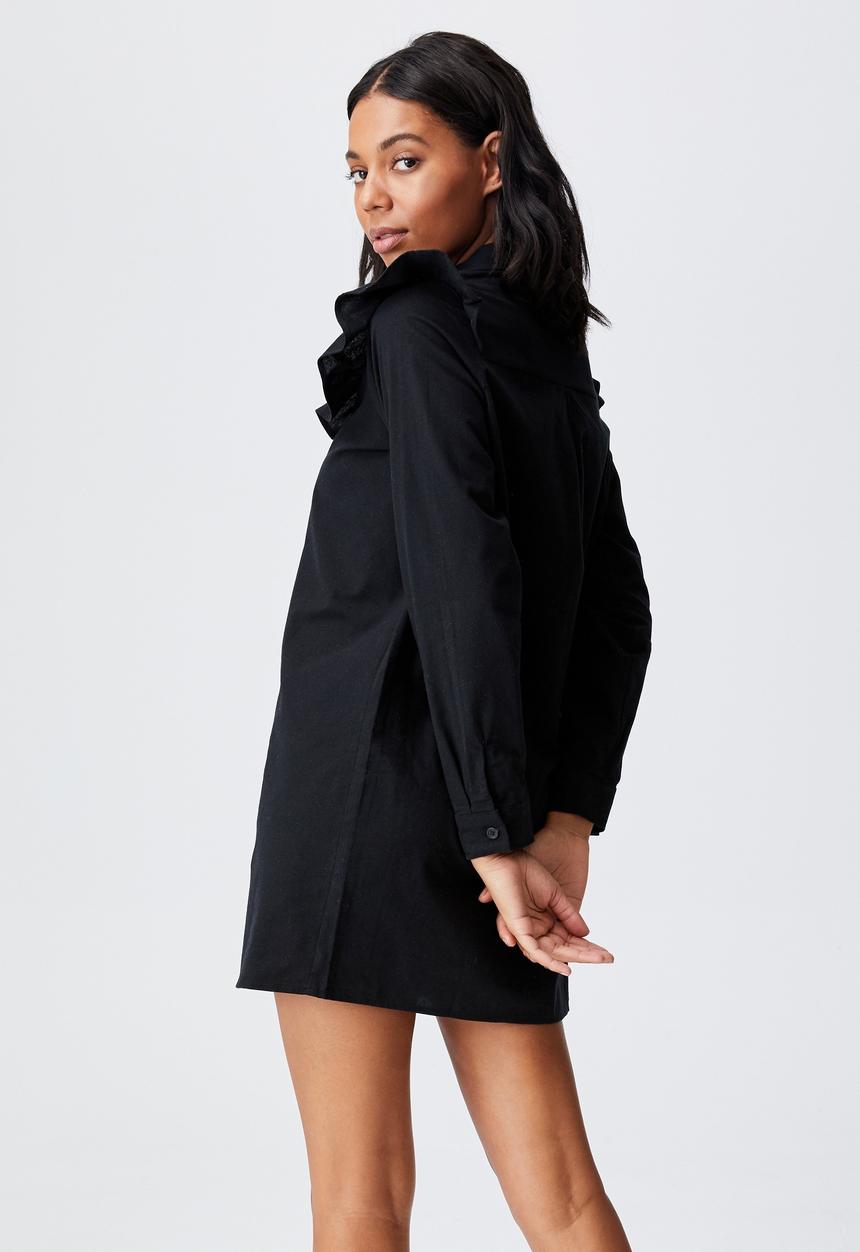 Cotton On - Woven Jade long sleeve ruffle shirt mini dress - black